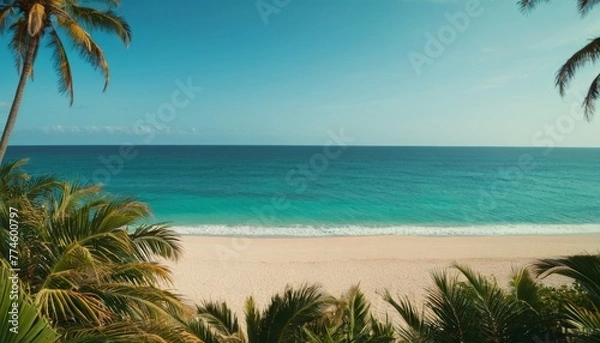 Fototapeta Beach with palm trees, ocean view, summer background illustration concept