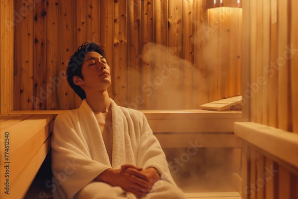 Obraz ホテル・スパの木製のサウナ・スチームルームで目を閉じてリラックスしているバスローブ姿の日本人男性(モデル)