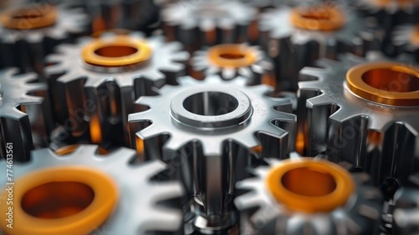 Fototapeta   Close-up of metal gears with orange and black spokes in the center