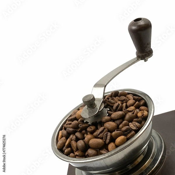 Obraz Old coffee grinder with coffee beans on white background