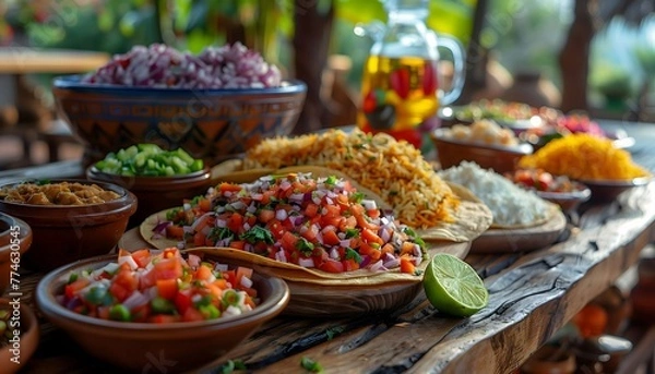 Fototapeta Dive into a Rustic Feast of Mexican Delights with Fresh Salsa, Rice, and Beans for a Memorable Cinco de Mayo
