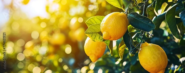 Obraz Yellow lemons on the lemon tree branches in a beautiful sunny day