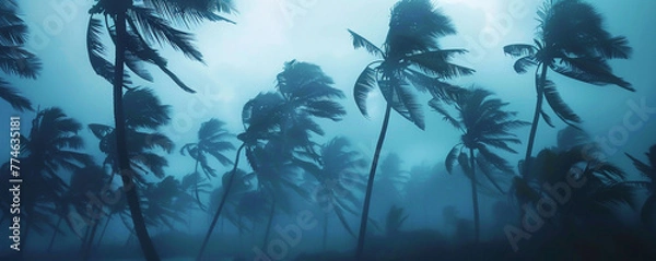 Fototapeta Palm trees swaying in a tropical storm wind