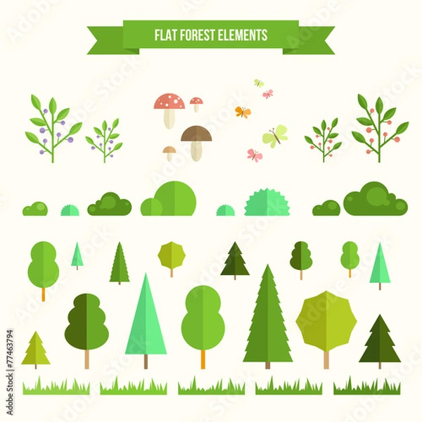 Fototapeta Set of flat forest elements