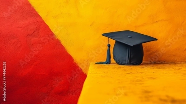 Fototapeta   A black graduation cap atop a yellow-red wall, adjacent to a red-yellow one, features a blue tassel