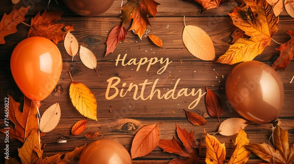Fototapeta A cozy autumn happy birthday background with lettering in warm orange tones, surrounded by autumn leaves and balloons in earthy colors, against a rustic wooden texture backdrop.