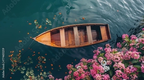 Fototapeta View of boat on water with flowers  ,Generative ai, 