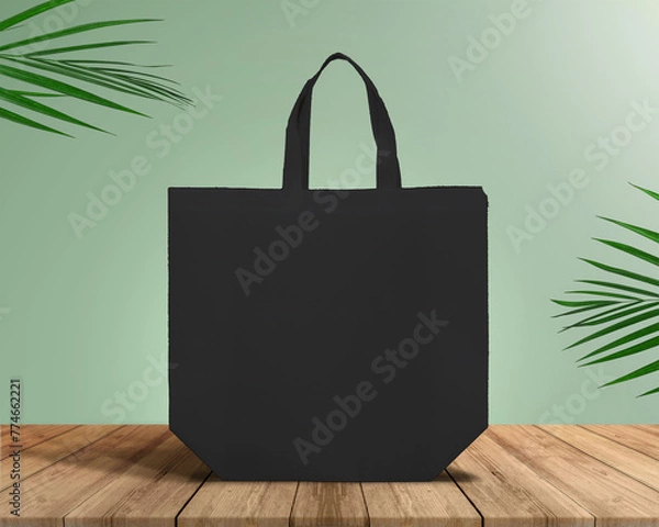 Fototapeta Blank black Non Woven Fabric eco Bags mockup isolated on white background. 3d rendering. eco friendly and zero waste concept.  Non Woven Bag Mockup Black 