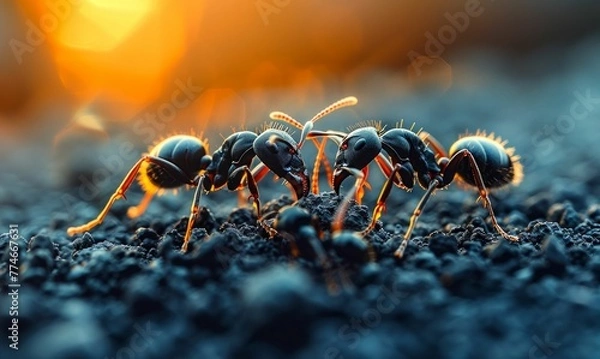 Fototapeta Fiery Ants Foraging at Twilight. Generative ai