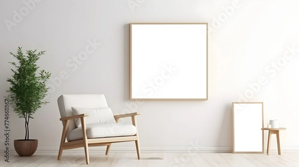 Fototapeta white and transparent Frame mockup, ISO A paper size. Living room poster mockup. Interior mockup with house white on white background. Modern interior design. 3D render