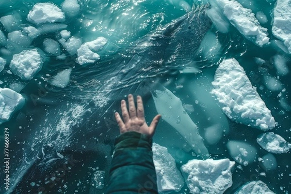 Fototapeta Man hand against the backdrop of a swimming whale in icy waters surrounded by ice floes and covered with a layer of snow