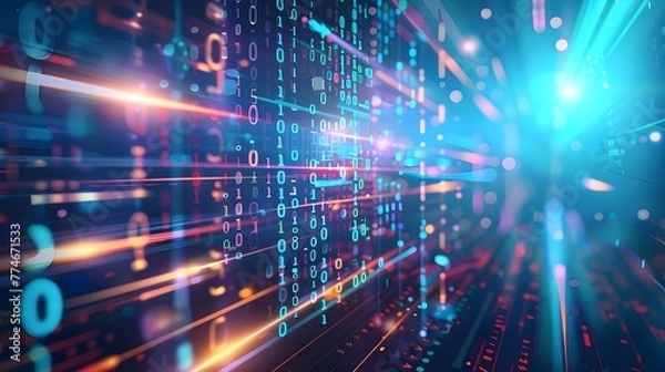 Fototapeta An abstract image representing the concept of digital transformation in the economy, with binary code and futuristic elements symbolizing technological progress.