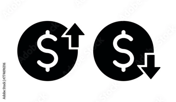 Fototapeta set of cost symbol dollar increase and decrease icon, money, dollar sign with arrow up and down rounded black vector icon