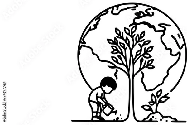 Fototapeta Continuous one black line art drawing children watering a tree. planting tree to save the world and earth day reduce global warming growth concept vector illustration on white background