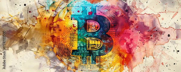 Fototapeta An artistic representation of a bitcoin halving, combining watercolor and ink techniques to craft a visually stunning arrangement with a triadic color palette.