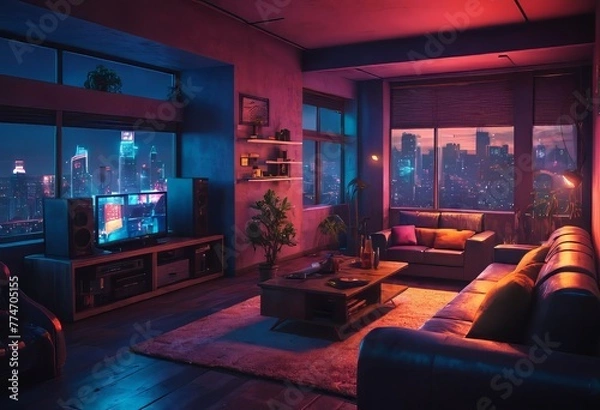 Fototapeta Beautiful Retro-Futuristic Portrait of a Human Gamer Girl Resembling an Android Robot with Artificial Intelligence, Travelling in Modern City with Neon Lights and Colorful Cyberpunk Vibe