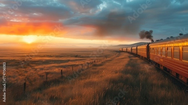 Fototapeta A train is traveling through a field with a sunset in the background. The train is yellow and black and is the only thing visible in the image