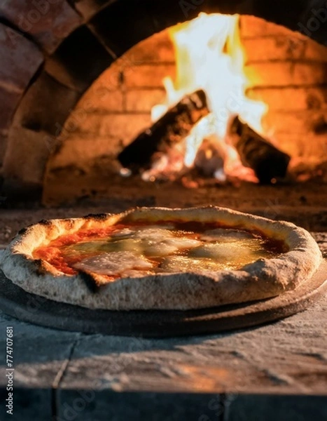 Fototapeta An artisan pizza with vibrant toppings baking in a brick oven, the fire glowing in the background, highlighting the bubbling cheese and charred crust edges