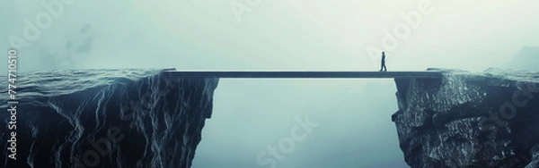 Fototapeta A lone figure is silhouetted against the abyss, poised on a narrow bridge that stretches across a deep chasm enveloped in swirling mist, evoking a mood of contemplation