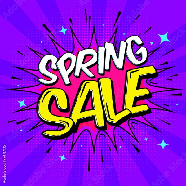 Obraz Trendy Pop Art poster Spring sale. Colorful background in trendy retro comic style. Spring Sale Explosive Design in magenta purple yellow colors, Sale Banner for Social Media Posts.
