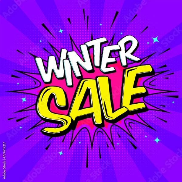 Obraz Trendy Winter Sale Promotion poster. Colorful and bright background in pop art retro comic style. Winter Sale Explosive Design in magenta purple yellow colors, Sale Banner for Social Media Posts.