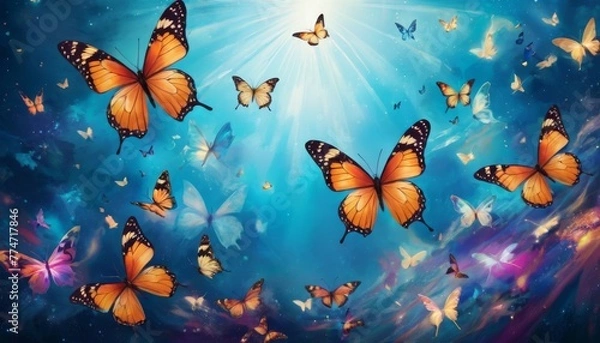 Fototapeta A fantastical depiction of radiant butterflies amidst a cosmic backdrop, radiating a sense of wonder and magic.. AI Generation