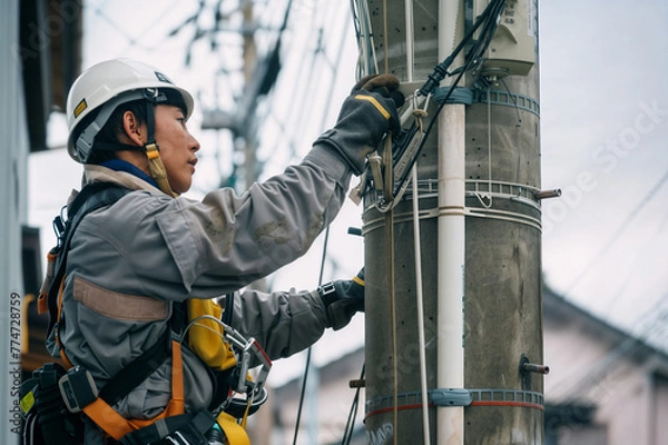 Obraz Electric Company Worker Inspecting a Utility Pole