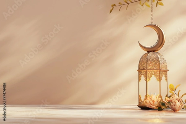 Fototapeta Golden lantern with crescent moon for ramadan kareem background banner design with copy space