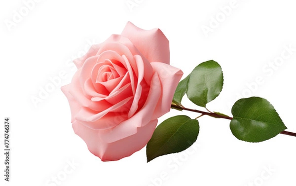 Fototapeta A single pink rose stands gracefully against a backdrop of vibrant green leaves on a pristine white surface