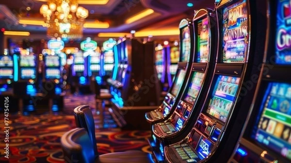 Fototapeta Slot machines in a row at a casino - A vibrant image showcasing a row of colorful slot machines, capturing the essence of casino gaming excitement
