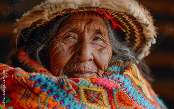 Fototapeta A woman with a colorful blanket draped over her shoulders and a hat on her head. She has a serious expression on her face