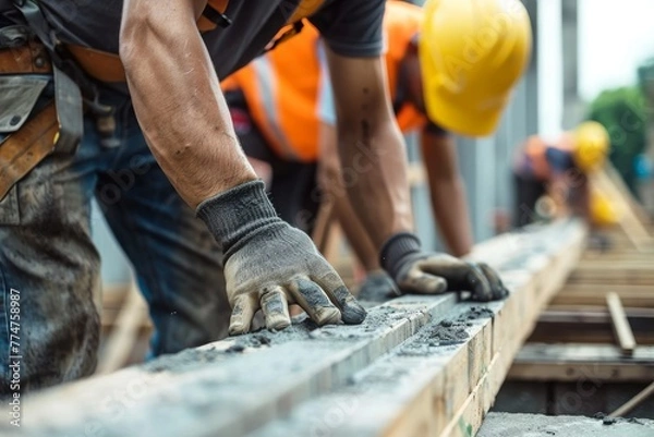 Fototapeta Workers etch strength into structure, their silhouetted forms a symphony of progress beneath the sun's watchful eye.

