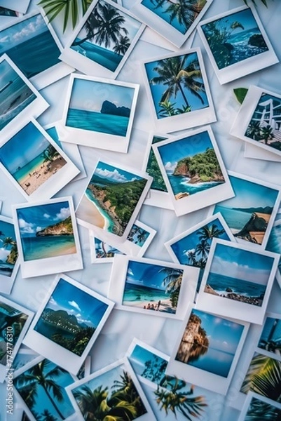 Fototapeta Scattered Tropical Beach Polaroids on Blue