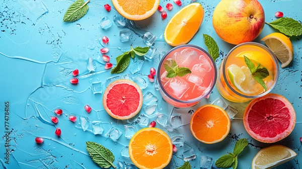 Obraz Glasses of tasty citrus lemonade on color background, closeup