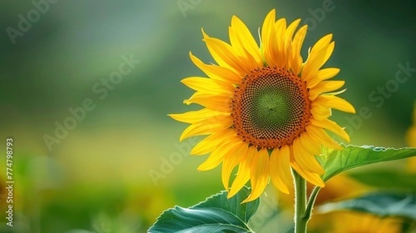 Obraz A sunflower in full bloom against a green background.
