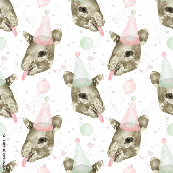 Obraz tapir birthday watercolor seamless pattern png