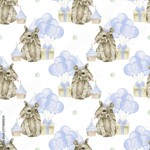 Obraz tapir birthday watercolor seamless pattern png