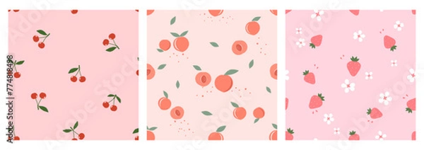 Fototapeta Seamless patterns with red cherry, peach fruit, strawberries, green leaves and white flower on pink backgrounds vector. Set of cute fruit prints vector.