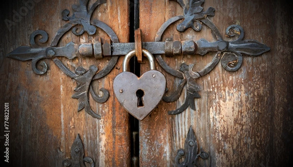 Fototapeta Close-up of an old wooden door with a large wrought iron latch and heart-shaped padlock. Generative Ai.