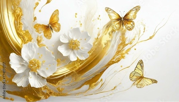 Obraz White and gold background with butterflies and flowers