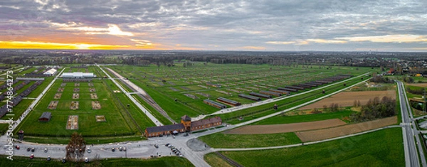 Obraz Aerial view of main gate of Nazi death camp at Auschwitz in Oswiecim, a complex of concentration and extermination camps operated by Nazi Germany in occupied Poland