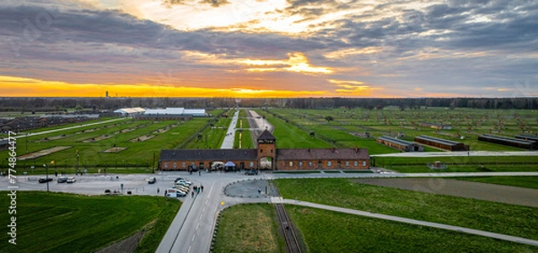 Obraz Aerial view of main gate of Nazi death camp at Auschwitz in Oswiecim, a complex of concentration and extermination camps operated by Nazi Germany in occupied Poland