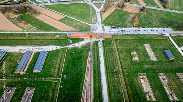Obraz Aerial view of main gate of Nazi death camp at Auschwitz in Oswiecim, a complex of concentration and extermination camps operated by Nazi Germany in occupied Poland