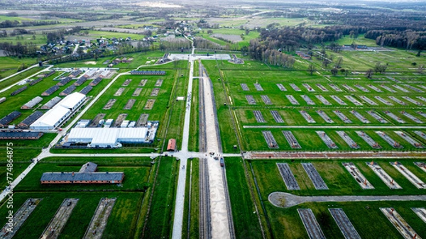 Obraz Aerial view of main gate of Nazi death camp at Auschwitz in Oswiecim, a complex of concentration and extermination camps operated by Nazi Germany in occupied Poland