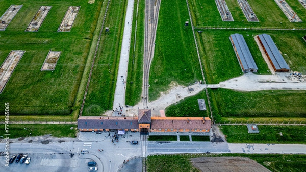 Obraz Aerial view of main gate of Nazi death camp at Auschwitz in Oswiecim, a complex of concentration and extermination camps operated by Nazi Germany in occupied Poland