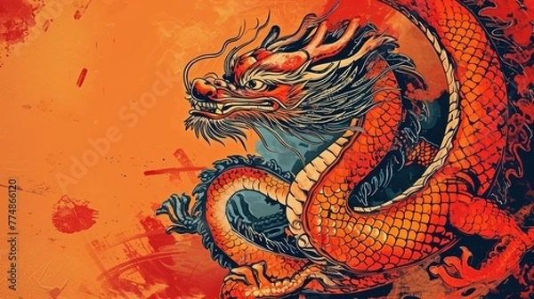 Fototapeta Poster design with copy space of vector illustration of Chinese zodiac dragon as the mythical animal in Eastern Asia culture.