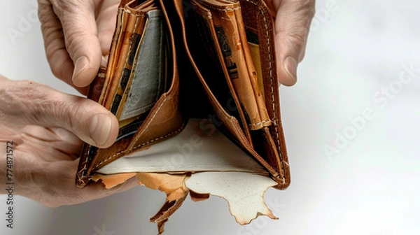 Fototapeta A pair of hands holding a frayed and empty wallet open, the white background accentuating the concept of financial emptiness.