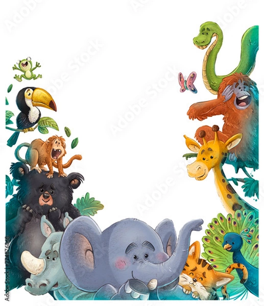 Fototapeta Ilustración de animales divertidos salvajes formando un marco