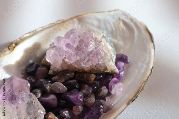 Fototapeta Amethyst druse and amethyst kiesel in shell on the table.