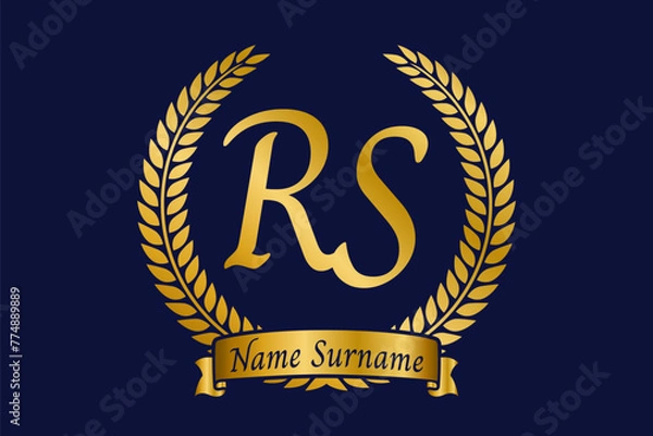Fototapeta Initial letter R and S, RS monogram logo design with laurel wreath. Luxury golden calligraphy font.